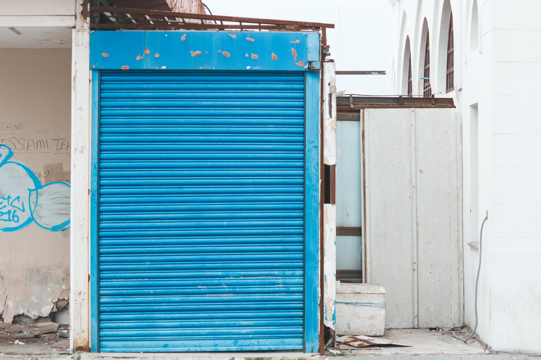 closed blue metal roll up door