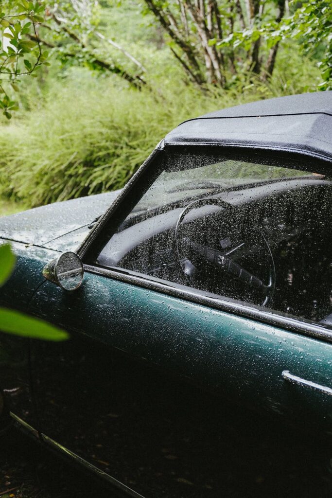 a wet car parked beside the grass