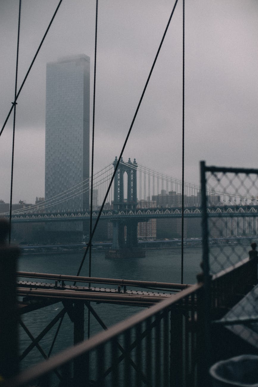 manhattan bridge and one manhattan square skyscraper on a rainy day