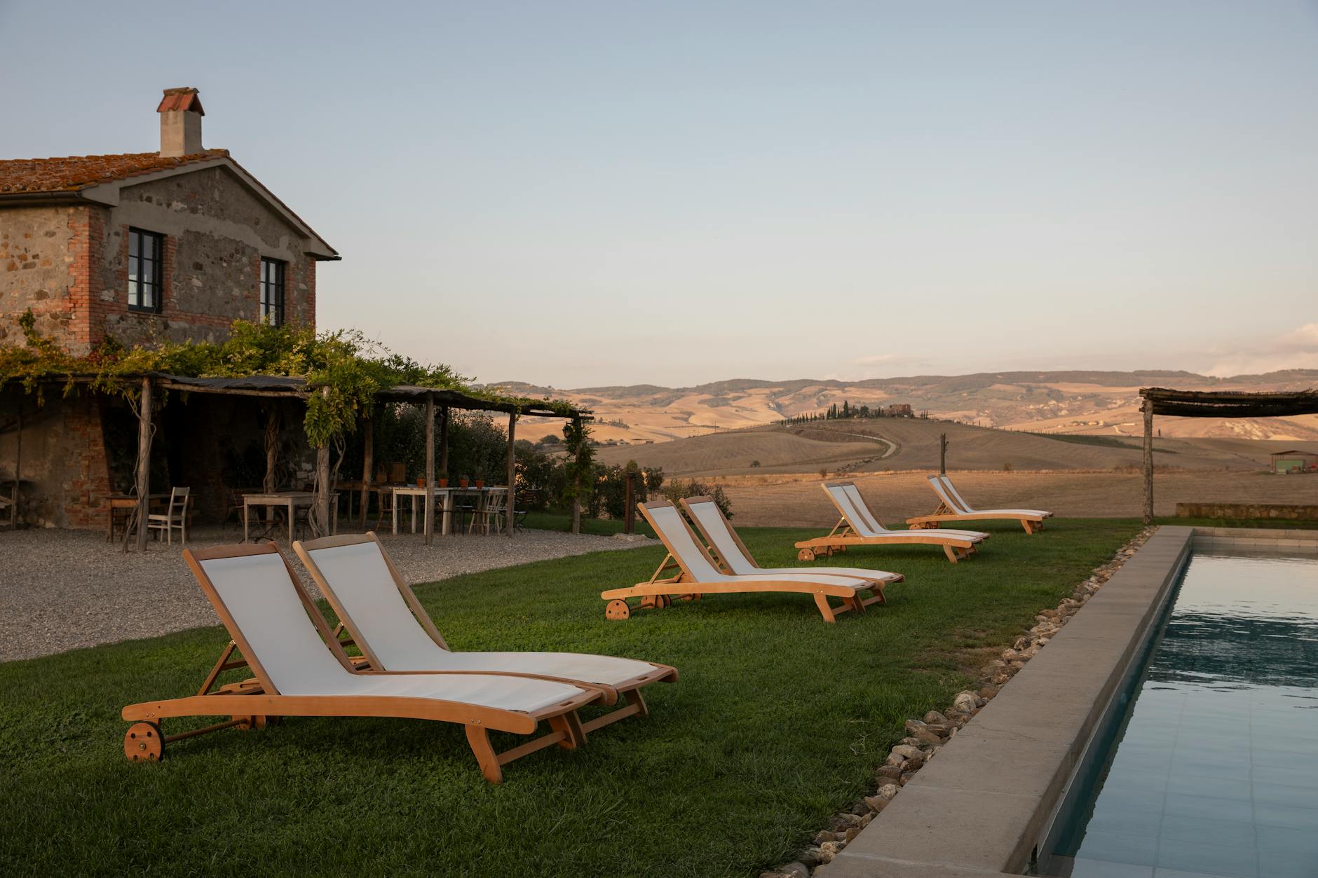 deckchairs by the swimming pool
