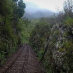 train track on rocky mountainside